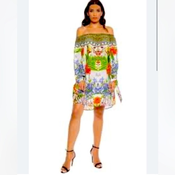 Shahida Parides Silk Off Shoulder Desert Bloom Green Mini Dress Size S/M NEW - Picture 2 of 15